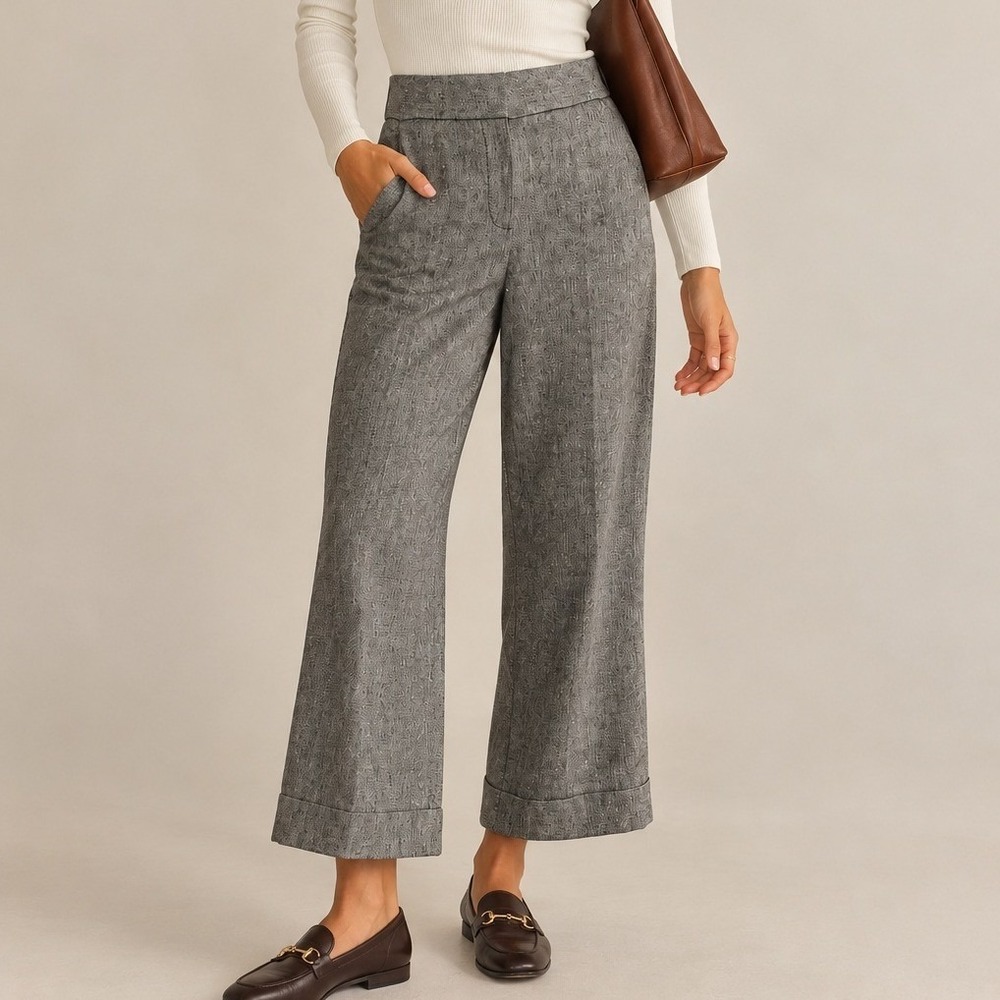 Ann Taylor Pants Women 12 Grey Linen Wide Leg Cropped Cuffed Career Trousers